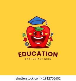 Funny apple education logo with big smile and wear graduation hat in cartoon mascot illustration style