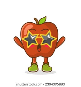 Funny apple fruit character in star-shaped glasses having fun at party, cartoon vector illustration isolated on white background. Cartoon apple fruit character, party mascot