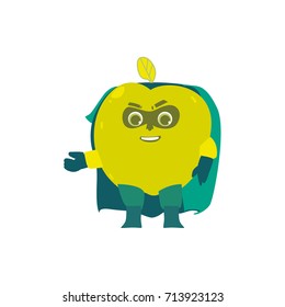 Funny apple fruit hero, superhero character in mask and cape, guard, defender, flat style cartoon vector illustration isolated on white background.