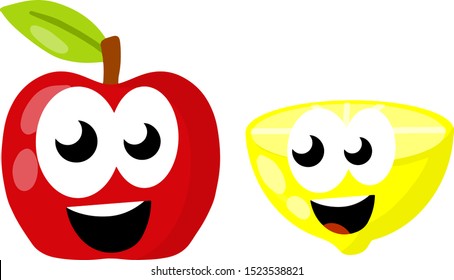 Funny Apple and lemon with face, eyes, mouth. mascot of real food. Vegetarianism and fruits. Sour and sweet product. Healthy diet. Cute character. Cartoon flat illustration