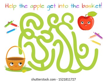 Funny apple. Maze. Coloring book. Educational game for children. Cartoon vector illustration