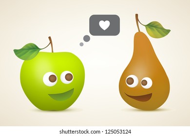 Funny apple and pear. Vector illustration created using gradient meshes.