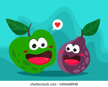 Funny apple and plum in cartoon style. Bright vector illustration with  fruits.