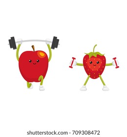 Funny apple and strawberry characters working out in gym, weight lifting, flat cartoon vector illustration isolated on white background. Funny fruit characters - apple and strawberry, doing sport