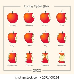 Funny apple year. A bitten off apple. Humorous drawings of calendar months.