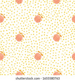 Funny apples seamless pattern on dots background. Botanical print. Design for fabric, textile print, wrapping paper, children textile. Modern design. Trendy vector illustration