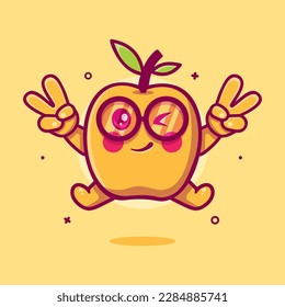 funny apricot fruit character mascot with peace sign hand gesture isolated cartoon in flat style design 