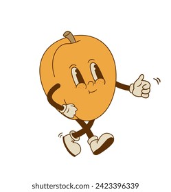 Funny apricot mascot isolated on white background. Smiling retro cartoon peach fruit character vector illustration. 