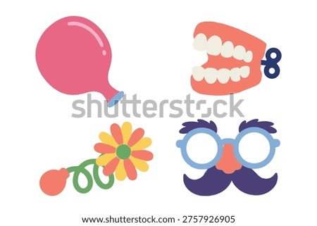 Funny April Fools party props set with whoopee cushion chattering teeth and disguise mask flat vector