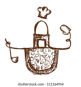 Funny apron with kitchen utensils sketch for your design