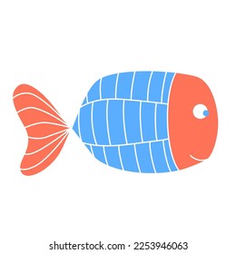Funny aquarium fish character. Abstract hand drawn fish with high front silhouette. Colorful fantasy squama naive childish baby nusery mascote. Vector illustration.
