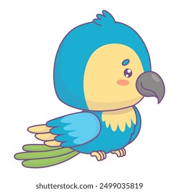 Funny Ara parrot. Cute cartoon kawaii blue tropical bird. Vector illustration