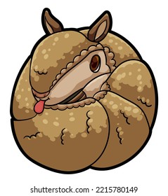 Funny armadillo in rolled up posture and mischievous gesture with its tongue out.