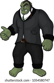 Funny art with orc businessman in black modern costume on white background