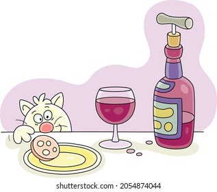 Funny artful cat trying to steal a sausage from a festive table with a bottle and a glass of wine while no one sees, vector cartoon illustration isolated on a white background