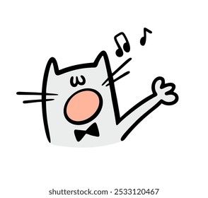 O gato artista engraçado em uma gravata-borboleta abriu sua boca e canta uma música romântica. Ilustração vetorial de um animal de estimação que atua no palco. Animal selvagem e música na primavera. Caractere caricatural isolado em branco.