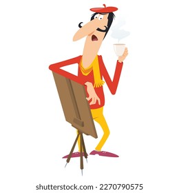 Funny artist with easel. Illustration concept template for website, web landing page, banner, presentation, social, poster, promotion or print media.