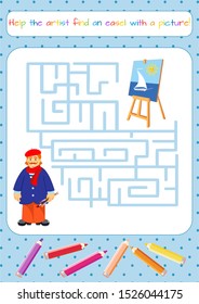Funny artist painting. Educational game for children. Labyrinth, maze. Coloring book. Cartoon vector illustration