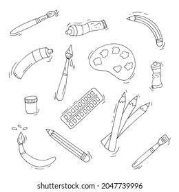 A funny artist set. Painting tools. Creation. Pencils. Brushes. Paints. Palette. Watercolor. Gouache. Doodle. Vector. Drawn by hand. Stationery. Silhouette. Black and white outline. Coloring.