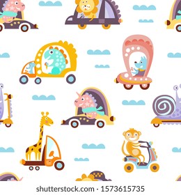 Funny artoon Animals Driving Different Vehicles Seamless Vector Pattern