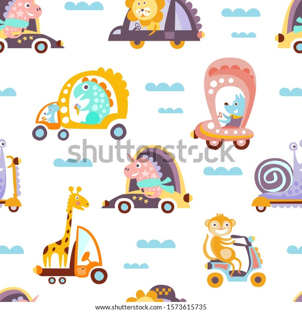 Funny artoon Animals Driving Different Vehicles\
Seamless Vector Pattern