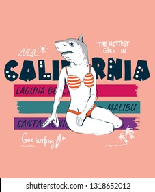 funny artwork with hot beautiful shark, handwriting text and small elements: sea wave,sun,palm trees,surfboard. art for  trendy women or men spring clothes, posters, wall art, textile, fabric etc.