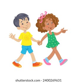 Funny Asian boy and cute African American girl walk hand in hand. In cartoon style. Isolated on white background. Vector flat illustration.