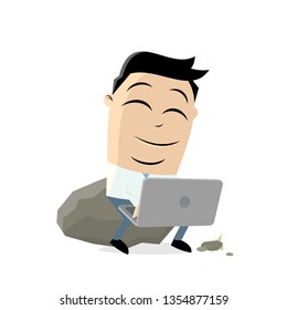 funny asian businessman sitting on a rock and working on notebook