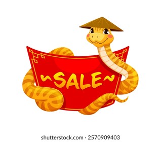 Funny asian horoscope snake character with holiday sale banner. Chinese New Year discount offer vector card of lunar horoscope calendar snake in straw hat with asian holiday seasonal sale red banner