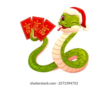 Funny Asian snake character with money red envelopes. 2025 Chinese Lunar New Year cartoon green reptile zodiac animal in Santa hat holding traditional red envelopes with hieroglyphs symbol of wealth