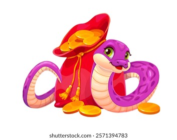 Funny Asian snake character with money bag and golden coins celebrates 2025 Chinese Lunar New Year holiday. Cartoon vector pink cute reptile personage with red pouch full of gold, symbolizing wealth