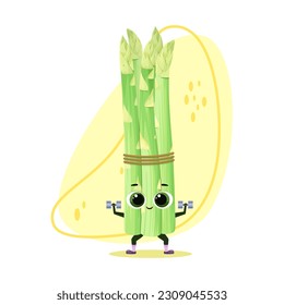 Funny asparagus is engaged with dumbbells. The vegetable does sports.


