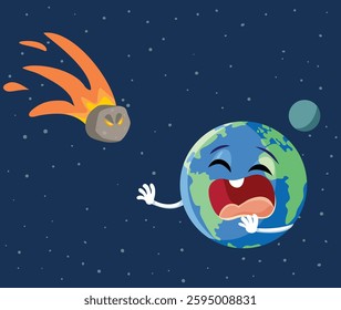 
Funny Asteroid About to Hit Earth Vector Cartoon Illustration. End of the world by celestial body hitting Terra
 