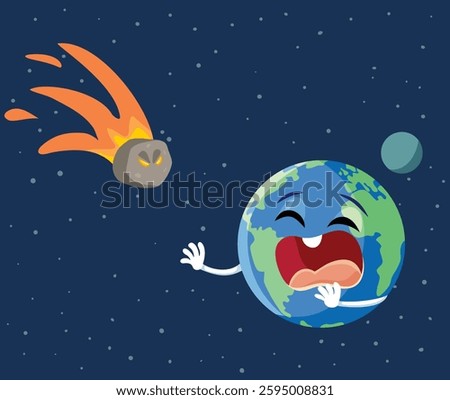 
Funny Asteroid About to Hit Earth Vector Cartoon Illustration. End of the world by celestial body hitting Terra
 