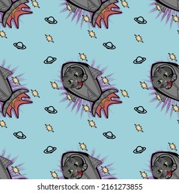Funny Astronaut Cat Space Rocket Ship with Stars and Planets Seamless Pattern Tile