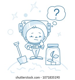 Funny astronaut character asking himself if life is possible on another planet. Vector illustration.