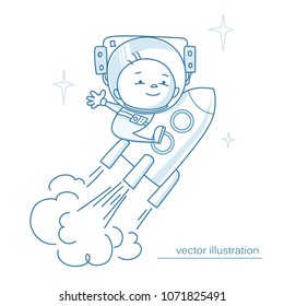 Funny astronaut character flying on rocket. Vector illustration.