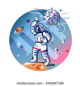 Funny astronaut dancing to disco in space. Man listening to funky disco music in spacesuit. Space exploration fun entertainment vector illustration. Cosmonaut in universe.