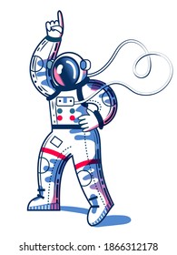 Funny astronaut dancing to disco in spacesuit. Man listening to funky disco music, arm up isolated on white background. Space exploration fun entertainment vector illustration.