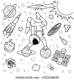 Funny astronaut doing yoga on planets in space design for print,illustration and coloring book page for kids and adult