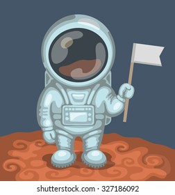 Funny astronaut dressed in white spacesuit is standing on red planet and holding in his hand small flag. Expedition to Mars and space exploration concept