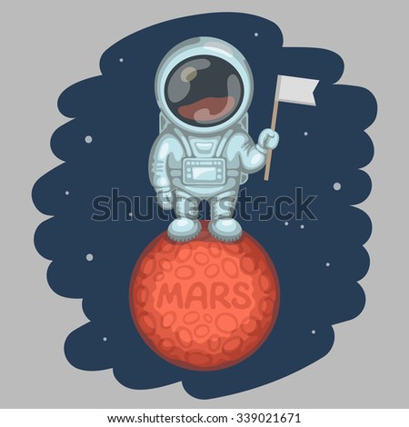 Funny astronaut dressed in white spacesuit is standing on red planet and holding in his hand small flag, craters and MARS inscription on planet surface. Expedition to Mars and space exploration