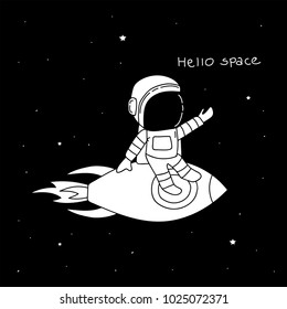 Funny astronaut flying on rocket to space.Childish vector illustration