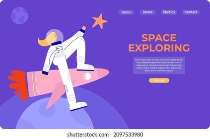 A funny astronaut is flying on a rocket to a star in space. Web banner, , web design. Space exploration. Space tourism, travel. Hand drawn vector illustration isolated on purple background.