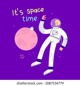A funny astronaut is flying to the planet in space. Space home. Lettering - Its space time. Space tourism, exploration, travel. Hand drawn vector illustration isolated on purple background