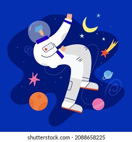 Funny astronaut is flying in space. Funny space with planets, space tourism, travel, exploration. For printing, merch. Hand drawn vector illustration isolated on blue background