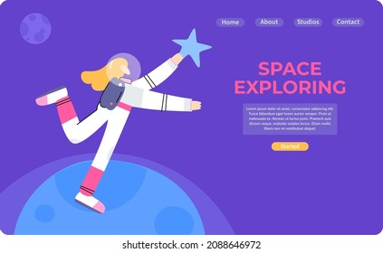 A funny astronaut is flying to a star in space. Web banner, web design. Space exploring. Space tourism, travel. Hand drawn vector illustration isolated on purple background