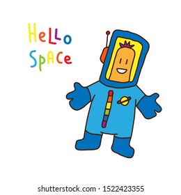 funny astronaut, hello space, simple color cartoon illustration