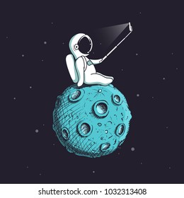 Funny astronaut make selfie on Moon.Spaceman photographs himself.Childish vector illustration.Prints design