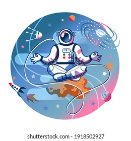 Funny astronaut meditating in space. Man in spacesuit sitting in calming lotus position. Space exploration fun entertainment vector illustration. Cosmonaut in universe, stars and planets.